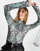 River Island Long Sleeve Snake Print Mesh Top In Blue-blues