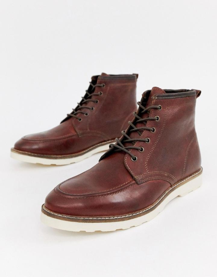 Asos Design Lace Up Boots In Brown Leather With White Sole