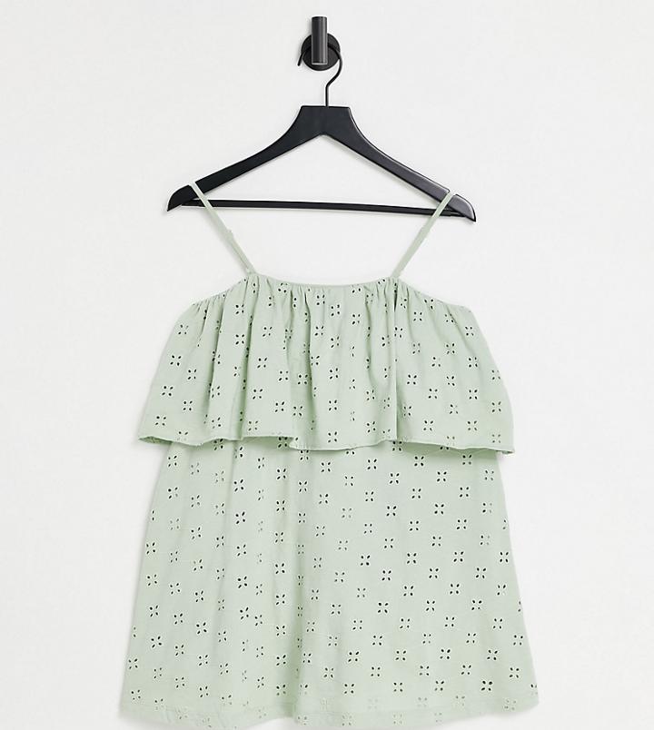 Asos Design Petite Broderie Strappy Overlayer Mini Dress In Sage Green