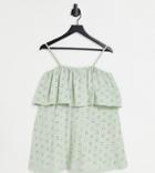 Asos Design Petite Broderie Strappy Overlayer Mini Dress In Sage Green