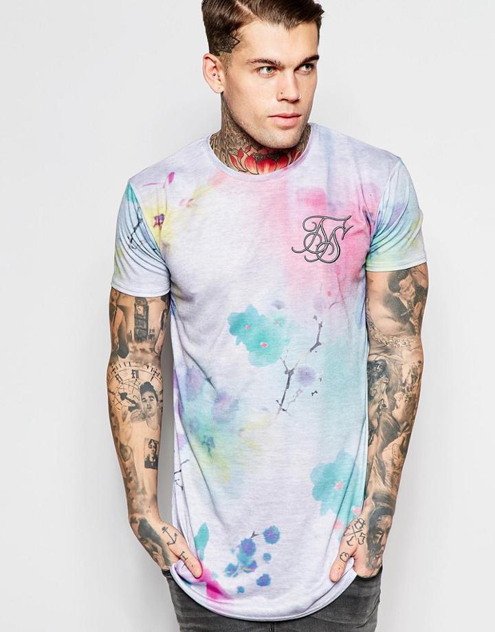 Siksilk T-shirt With Floral Lights Print And Curved Hem - Gray