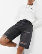 Only & Sons Denim Shorts With Raw Hem And Rips In Washed Black