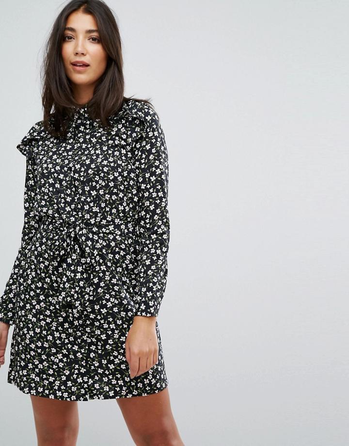 Influence Floral Shirt Dress With Tie Waist - Black