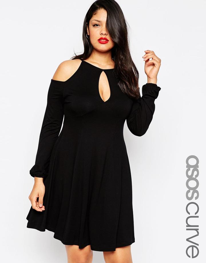 Asos Curve Skater Dress With Cold Shoulder & Key Hole Detail - Black