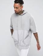 Asos Oversized Hoodie With Short Sleeves And Woven Pocket - Gray