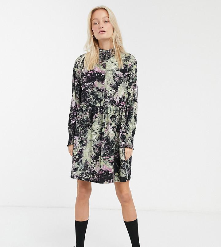 Monki Floral Print Mini Smock Dress In Black