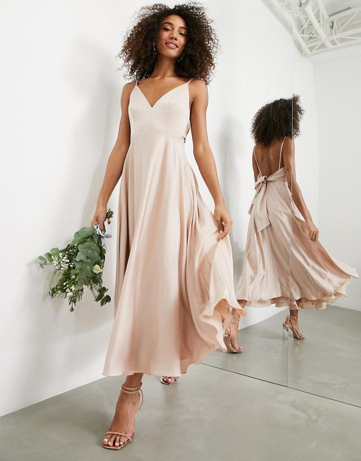 Asos Edition Satin Midi Dress With Tie Back In Blush-pink