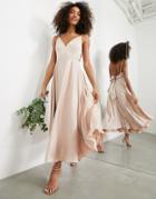 Asos Edition Satin Midi Dress With Tie Back In Blush-pink