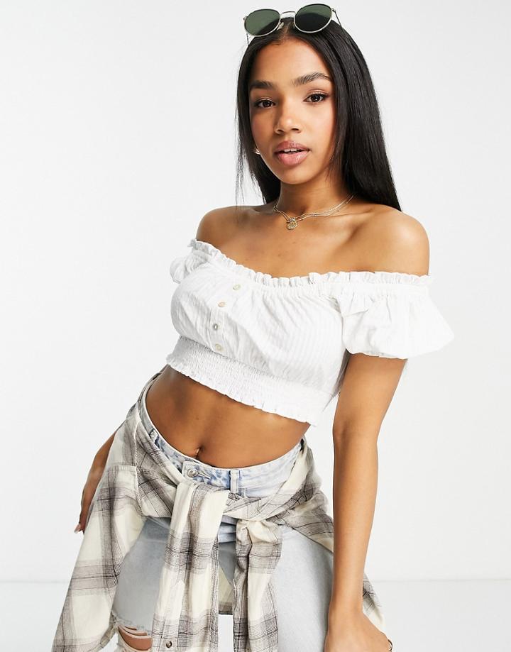 Miss Selfridge Seersucker Bardot Crop Top With Buttons In Ivory-white