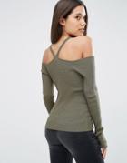 Asos Sweater With Strappy Cold Shoulder - Green