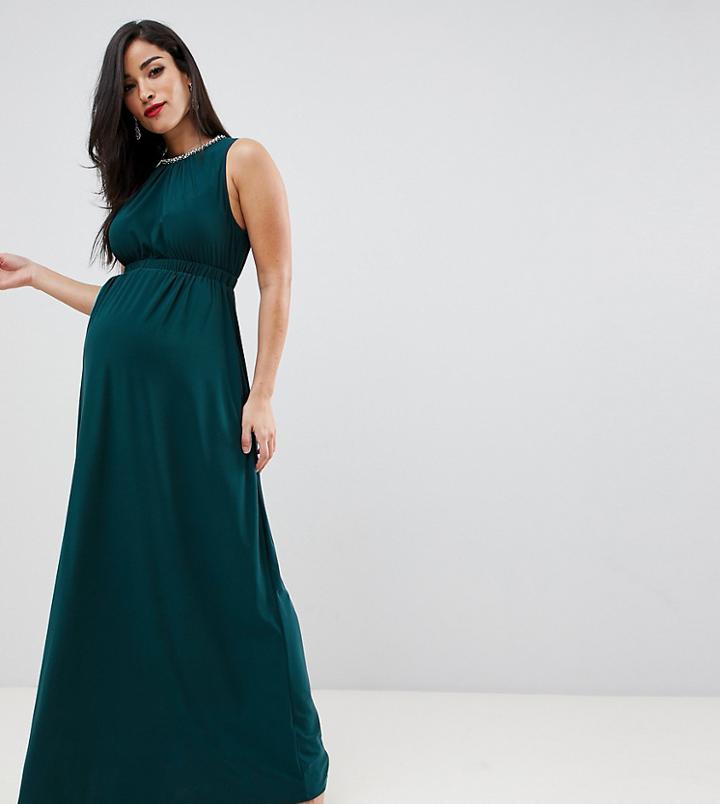 Asos Design Maternity Open Back Maxi Dress With Embelished Neck Trim - Green