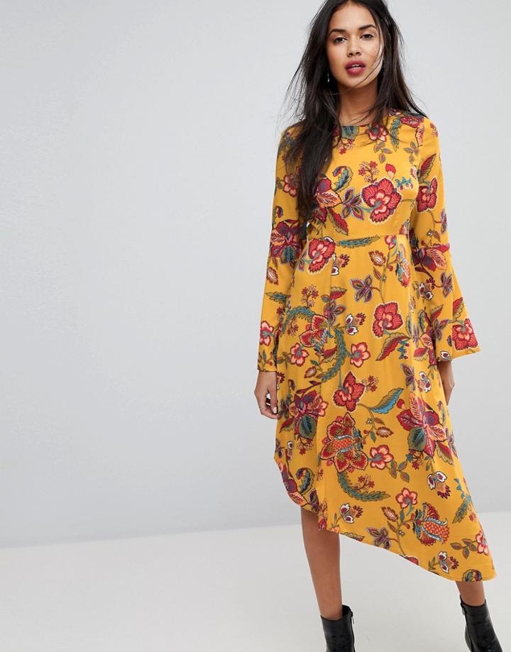 Vero Moda Floral Midi Dress With Asymetric Hem - Multi