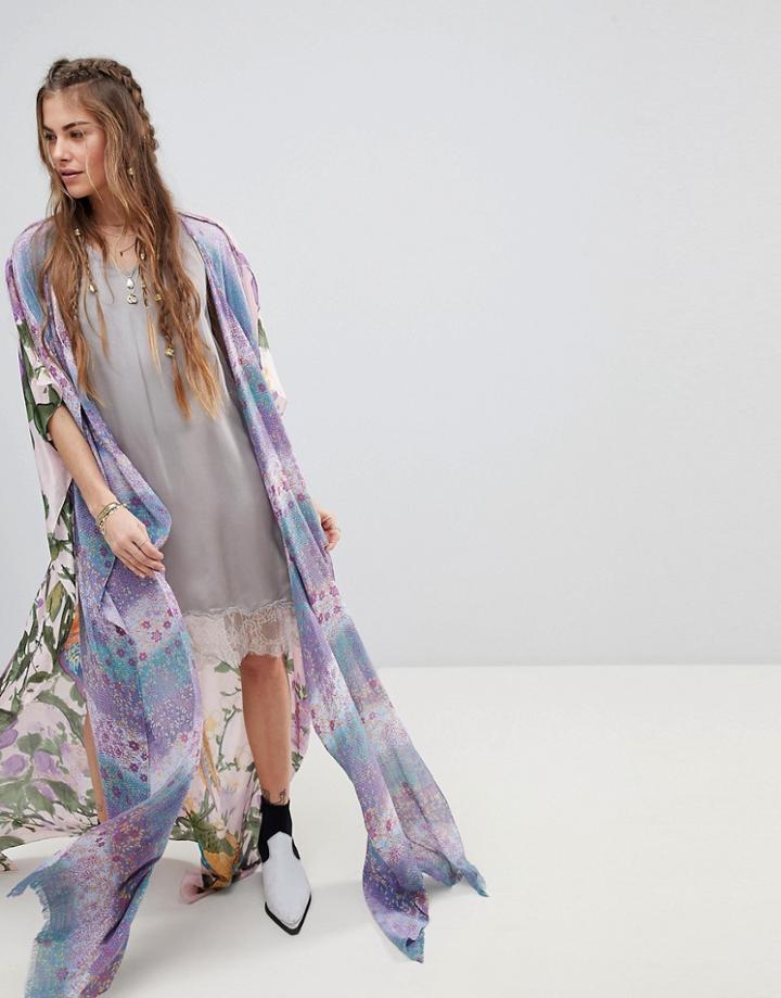 Aratta Maxi Kimono With Birds Of Paradise Print In Silk - Multi