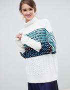 Asos Design High Neck Sweater In Block Check-cream