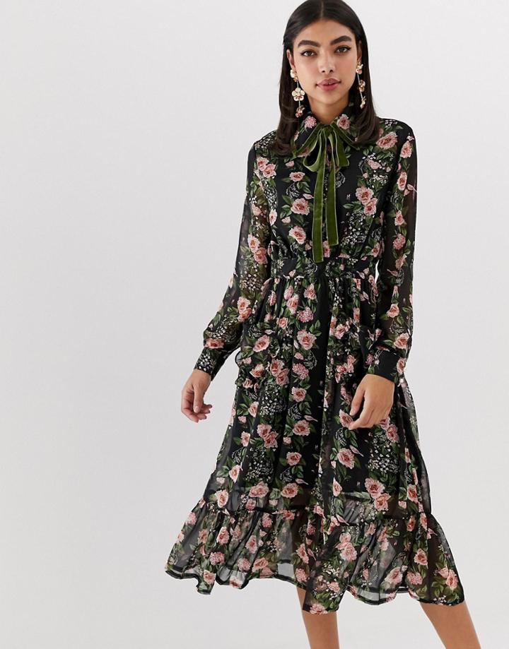 Sister Jane Midi Dress With Ruffle Hem In Vintage Floral Print - Multi