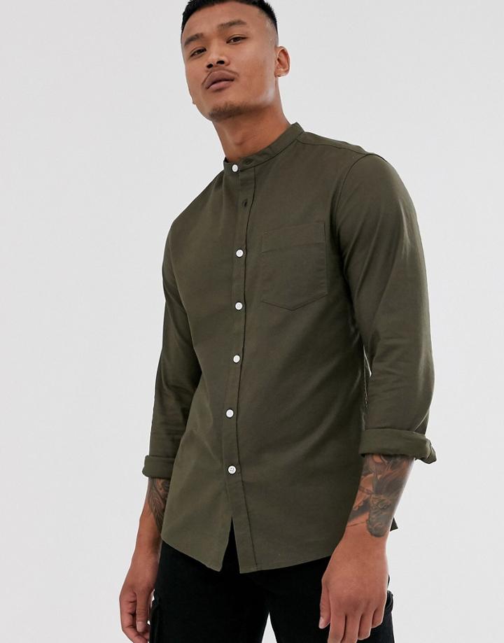 Asos Design Casual Skinny Oxford Shirt In Khaki With Grandad Collar-green