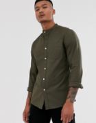 Asos Design Casual Skinny Oxford Shirt In Khaki With Grandad Collar-green