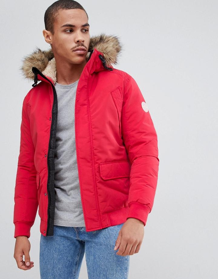 Jack & Jones Originals Short Parka With Faux Fur Hood - Red