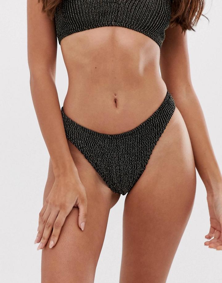 Asos Design Crinkle High Leg High Waist Bikini Bottom In Black And Gold Metallic - Black