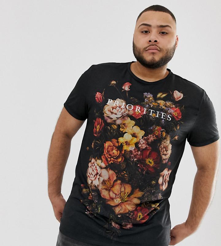 Asos Design Plus T-shirt With Floral Print And Text Embroidery - Black