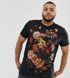 Asos Design Plus T-shirt With Floral Print And Text Embroidery - Black