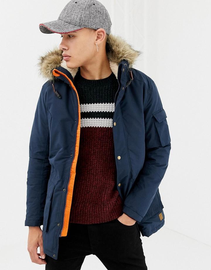 Jack & Jones Originals Parka With Fleece Lining And Faux Fur Hood - Navy