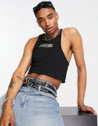 Asos Design Cropped Strappy Tank Top In Black With Text Print