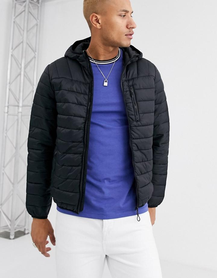 Bershka Hooeded Puffer Jacket In Black