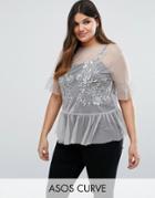 Asos Curve Top In Mesh With Pep Hem & Sequin Detail - Gray