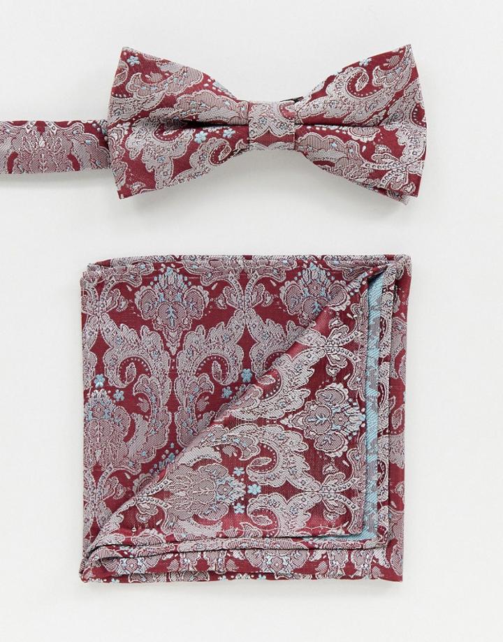 Twisted Tailor Bow Tie And Pocket Square Set In Burgundy Paisley Jacquard-red
