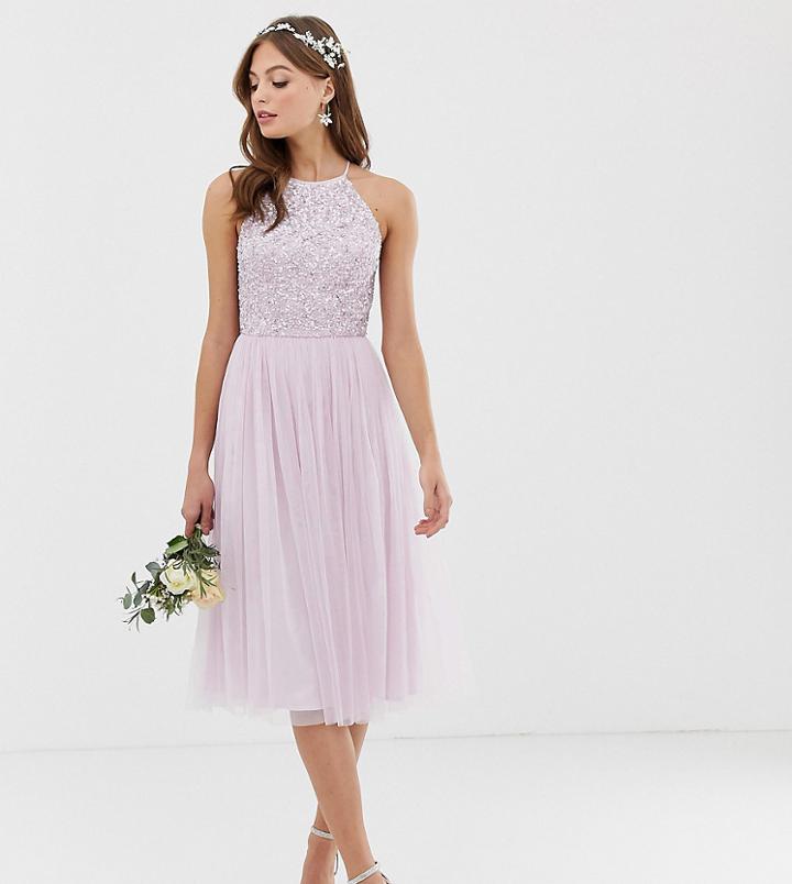 Maya Bridesmaid Halter Neck Midi Tulle Dress With Tonal Delicate Sequins In Soft Lilac-purple