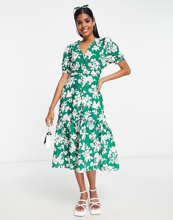 Urban Revivo Midi Dress With Peplum Hem In Green Floral Print