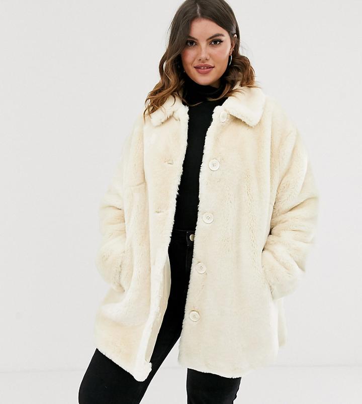 Asos Design Curve Faux Fur Button Through Coat In Cream