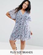 Yumi Plus Tea Dress In Blossom Print - Blue