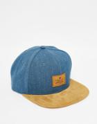 Asos Snapback Cap In Blue Washed Canvas With Tan Faux Suede Peak - Blue