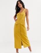 Asos Design Denim Button Down Midi Dress In Mustard-orange