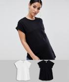 Asos Design Maternity T-shirt In Boyfriend Fit With Rolled Sleeve And Curved Hem In 2 Pack Save-multi