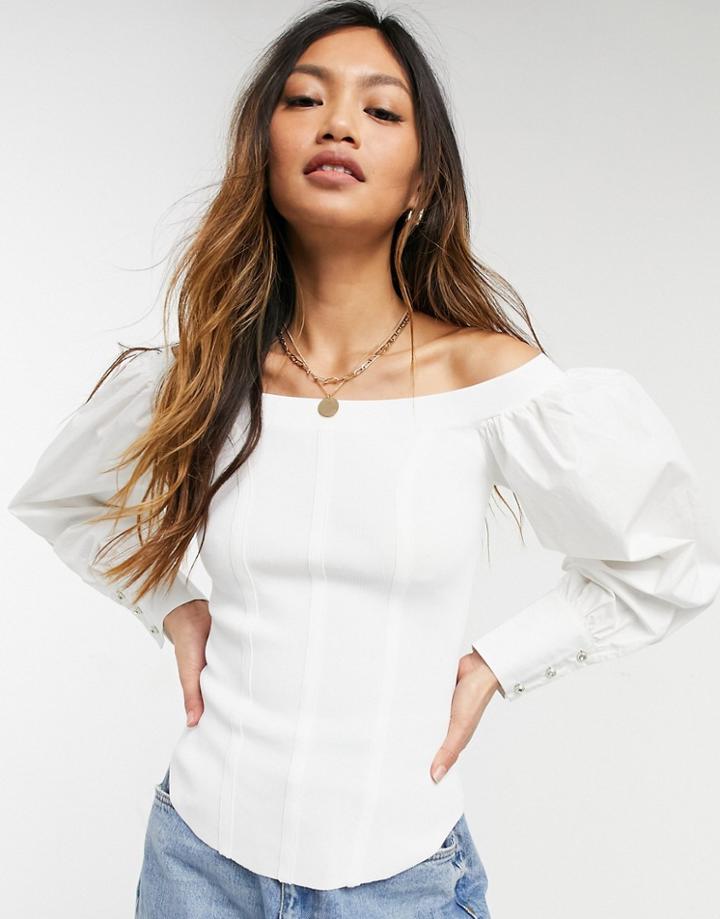 River Island Bodyfit Knit Hybrid Poplin Bardot Top In White
