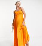 Asos Design Maternity Polyester Ruched Bust Pleated Maxi Dress In Orange