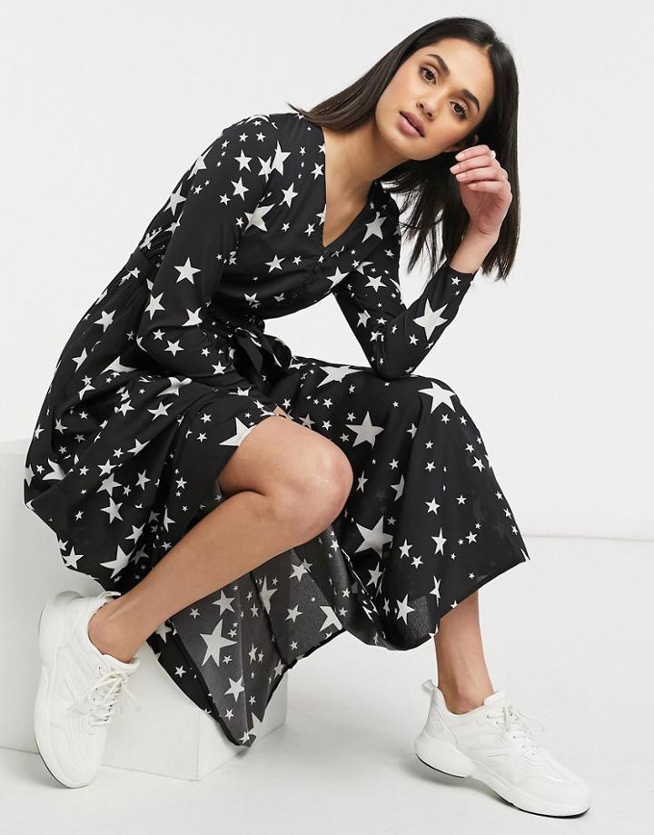 Urban Threads Button Front Tie Waist Midi Dress In Star Print-black