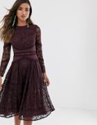 Asos Design Long Sleeve Prom Dress In Lace With Circle Trim Details-purple