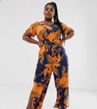 Pink Clove Wide Leg Jumpsuit With Split Detail In Orange Palm Print-multi