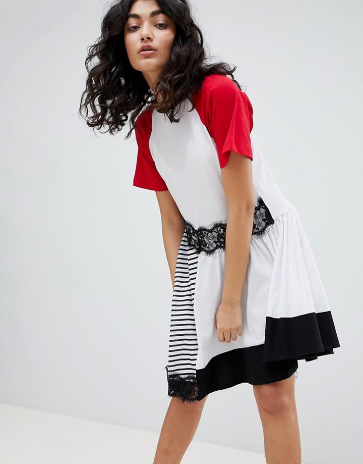 Asos Design Mixed Fabric Stripe And Lace Insert Dress - Multi