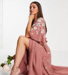 Asos Design Bridesmaid Tall Flutter Sleeve Wrap Waist Maxi Dress With Tonal Floral Embroidery-pink