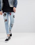 Asos Super Skinny Jeans In Light Wash Blue With Biker Patches - Blue