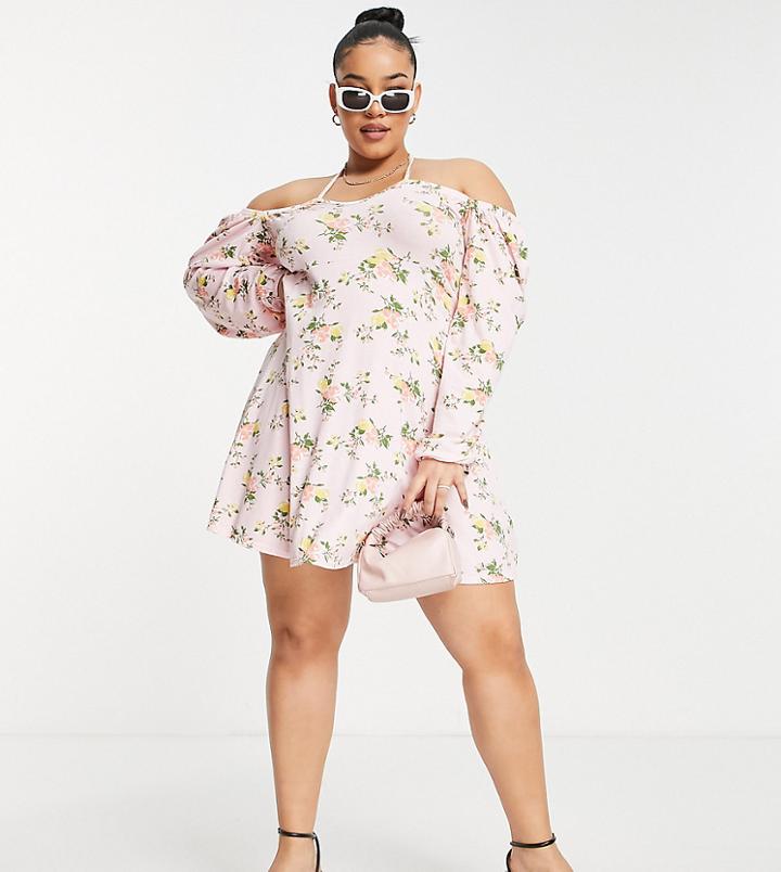 Missguided Plus Milkmaid Skater Dress In Pink Floral