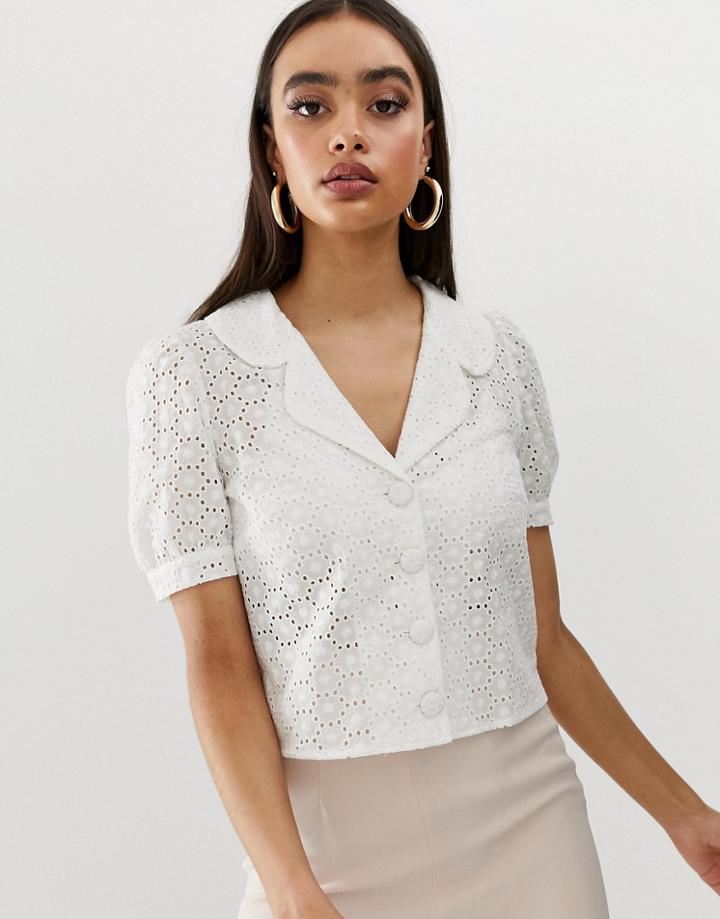 Fashion Union Short Sleeved Blouse In Broderie-white