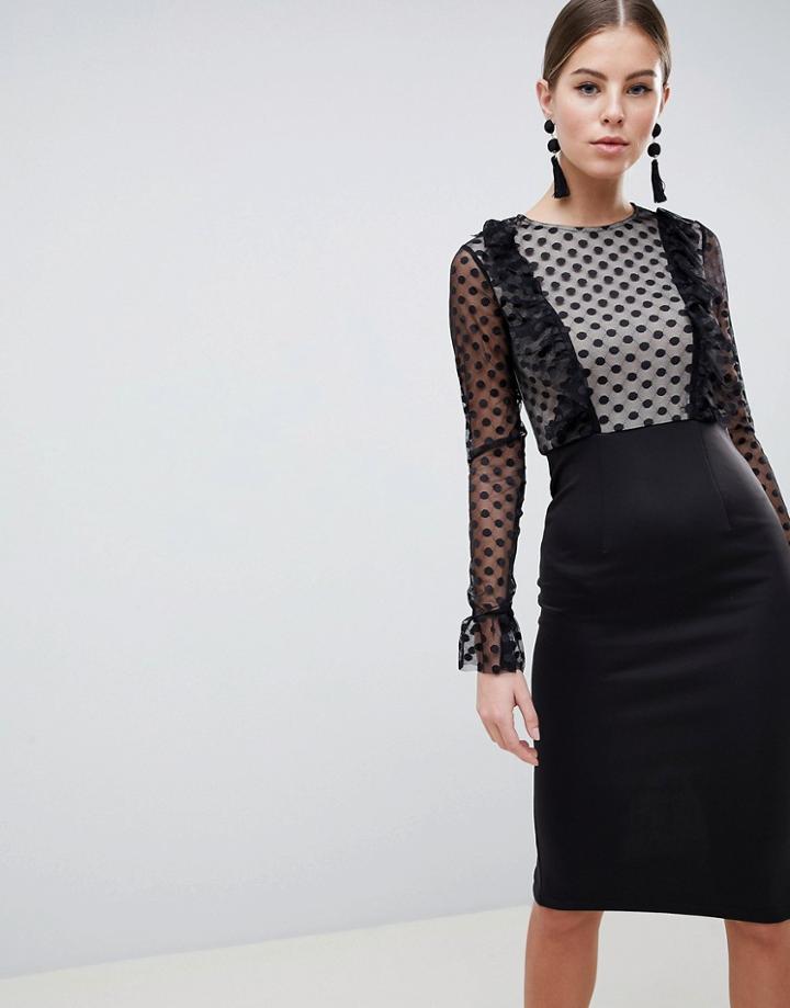 Ax Paris Mesh Polka Midi Dress - Black