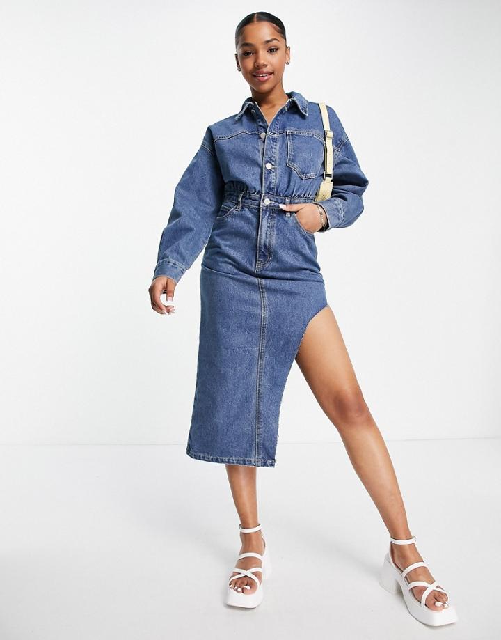 Urban Revivo Denim Midi Shirt Dress In Blue