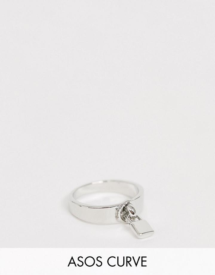 Asos Design Curve Ring With Padlock In Silver Tone - Silver
